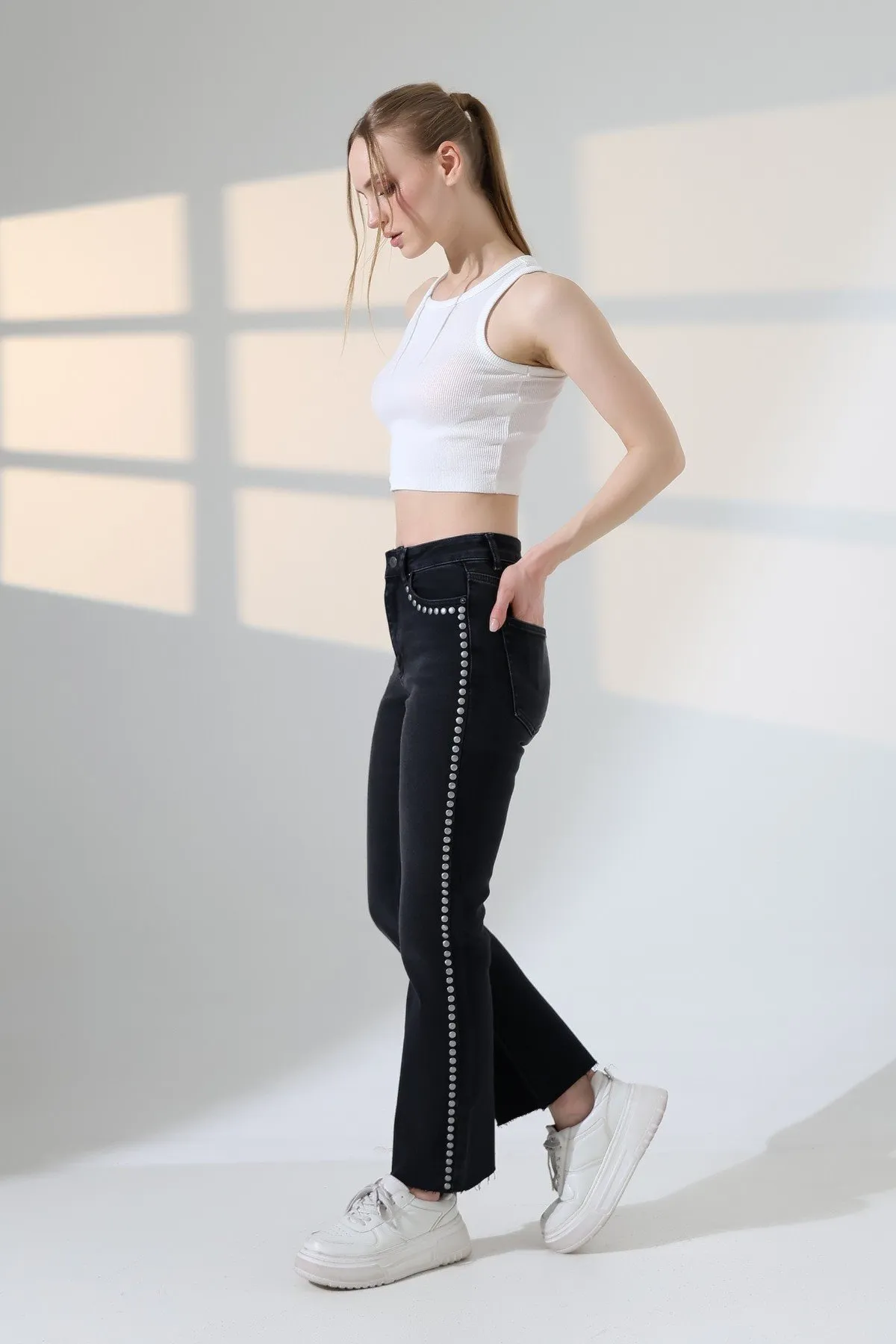 Zımba Taşlı İspanyol Mom Fit Kot Pantolon 7192 Düz Antrasit