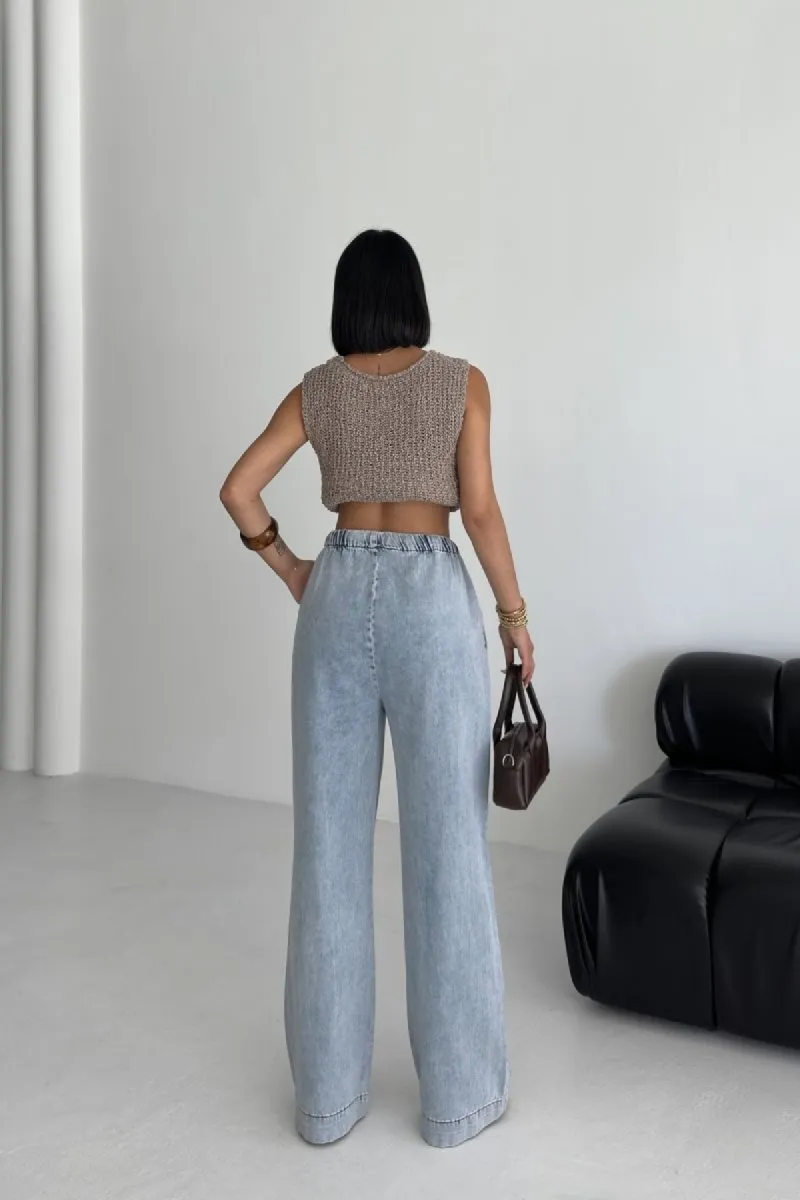Beli Lastikli Palazzo Pantolon 7076 Kar Yıkama Açık Mavi