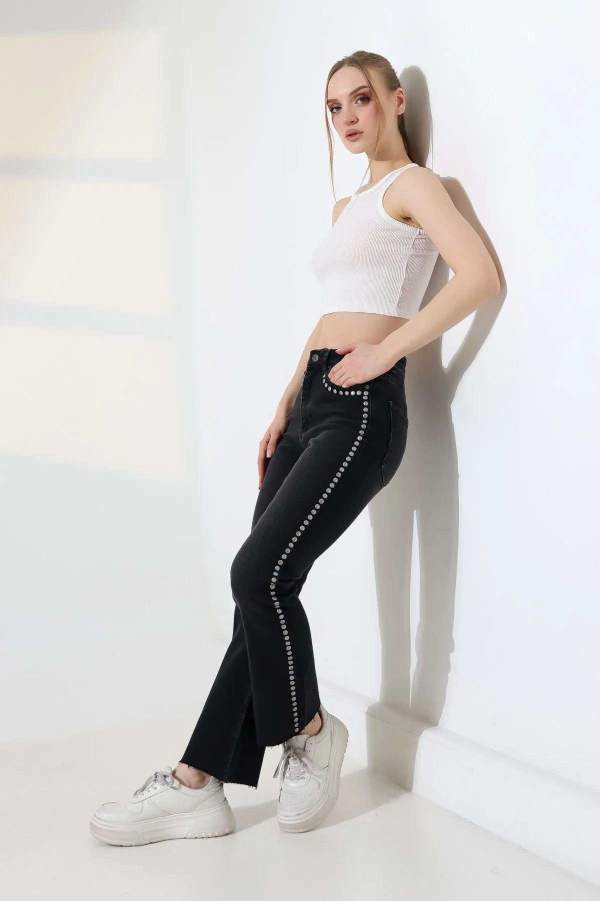 Zımba Taşlı İspanyol Mom Fit Kot Pantolon 7192 Düz Antrasit