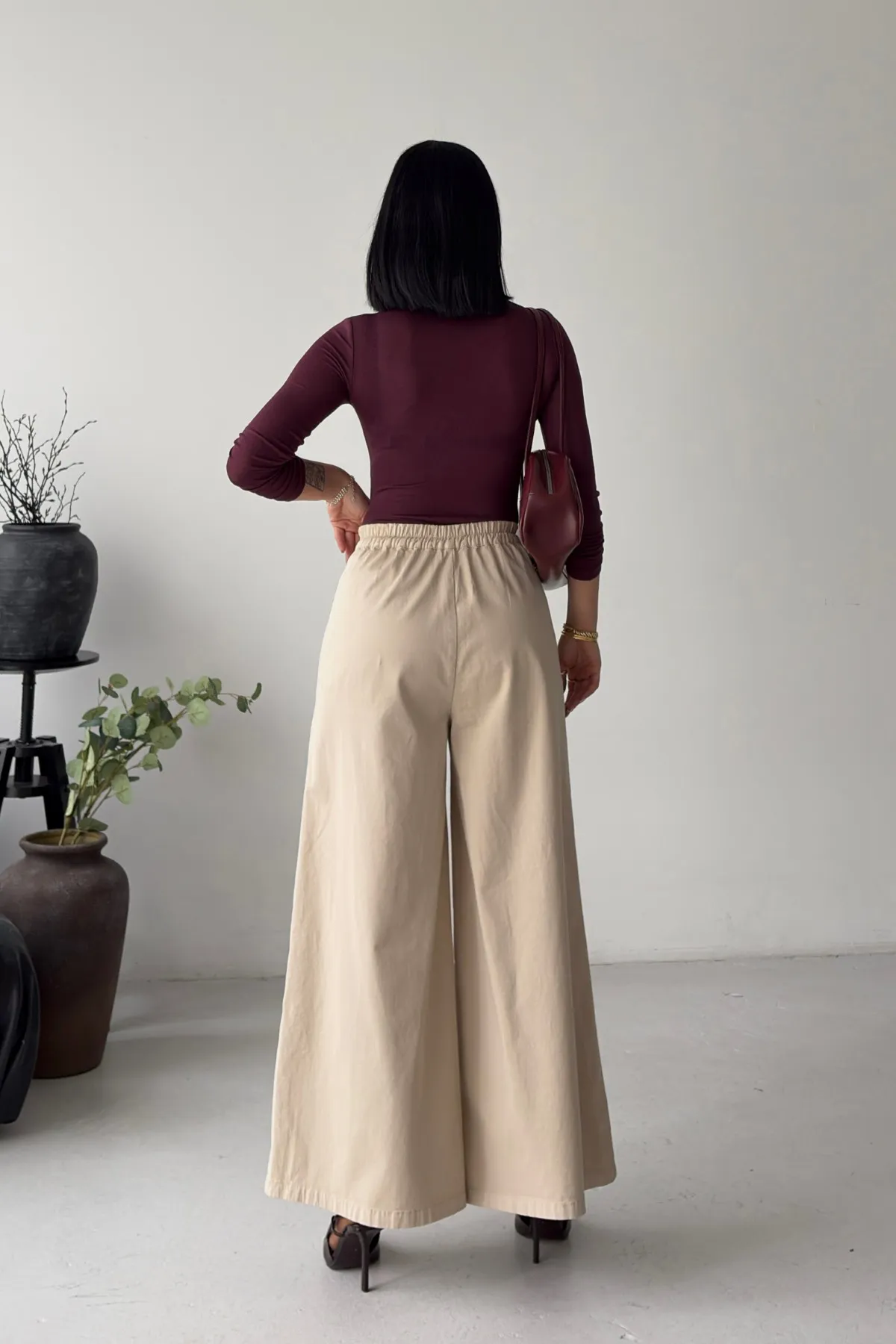 Arkası Lastikli Bol Paça Kot Pantolon 7120 Taş