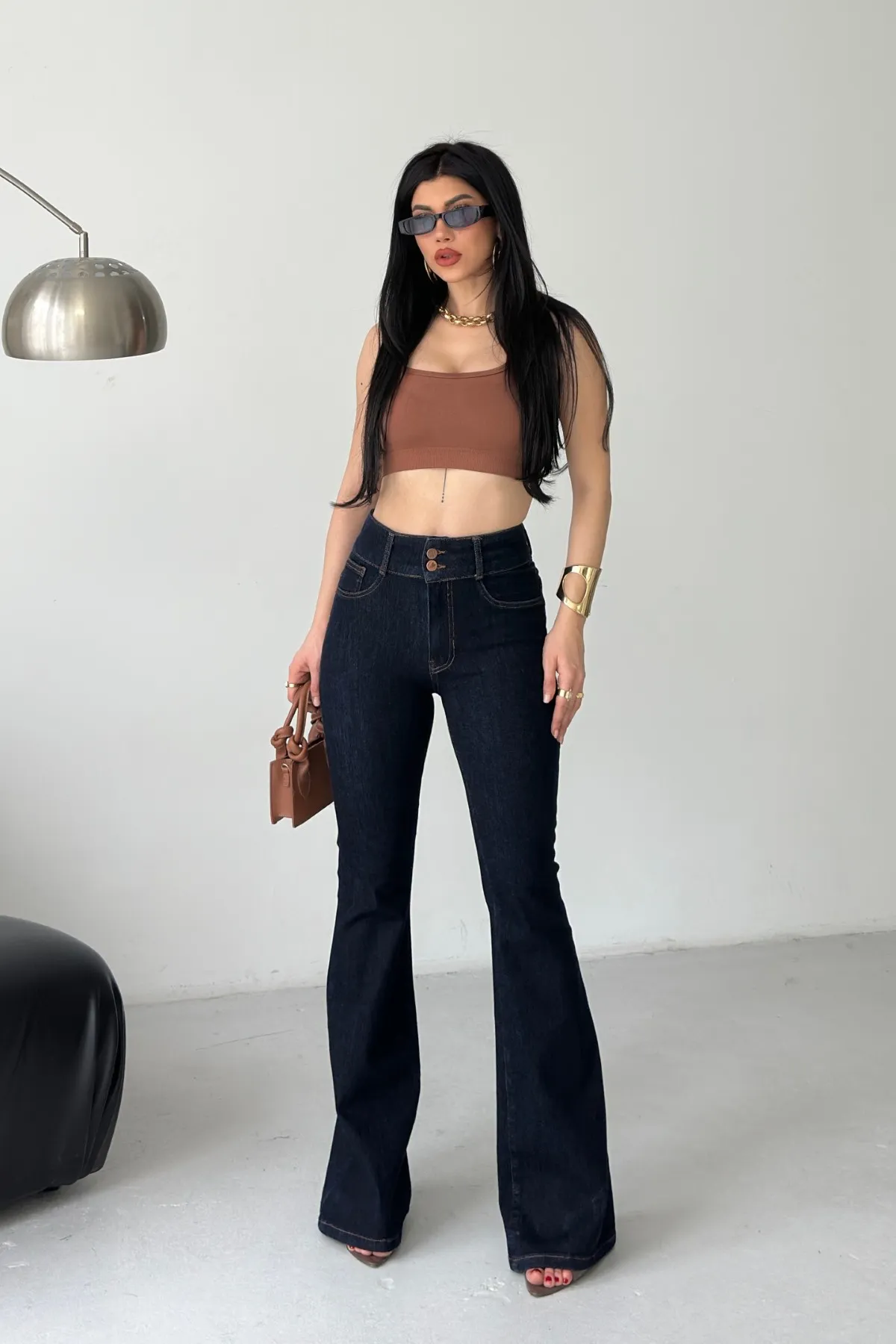 Pensli Geniş Kemerli Kot Pantolon 7151 Slaplı Lacivert