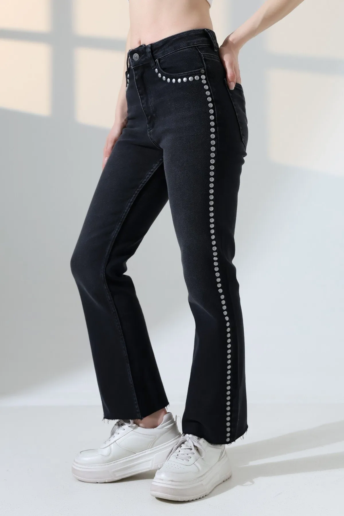 Zımba Taşlı İspanyol Mom Fit Kot Pantolon 7192 Düz Antrasit