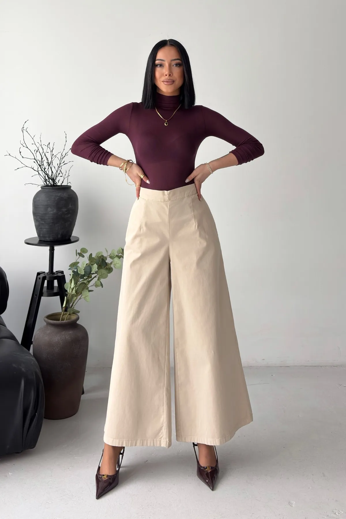 Arkası Lastikli Bol Paça Kot Pantolon 7120 Taş