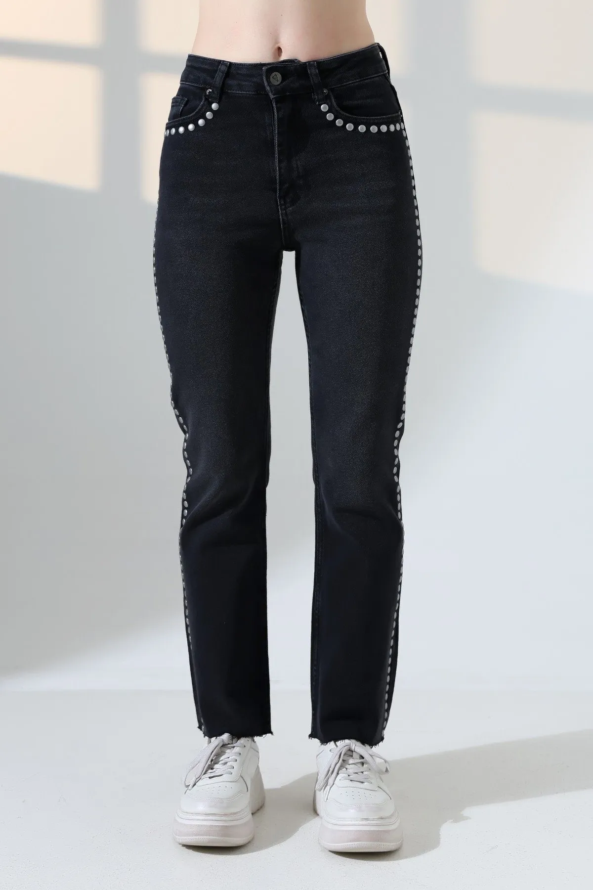 Zımba Taşlı İspanyol Mom Fit Kot Pantolon 7192 Düz Antrasit