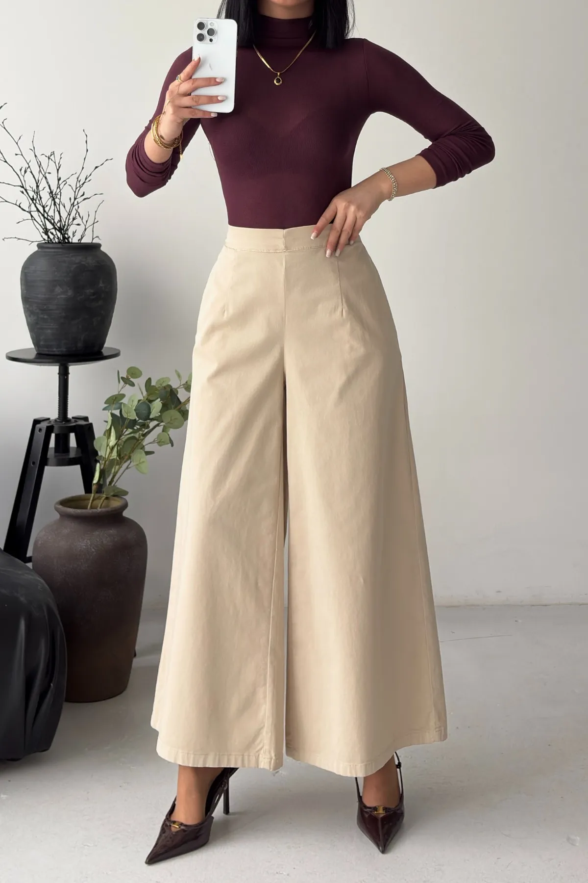 Arkası Lastikli Bol Paça Kot Pantolon 7120 Taş