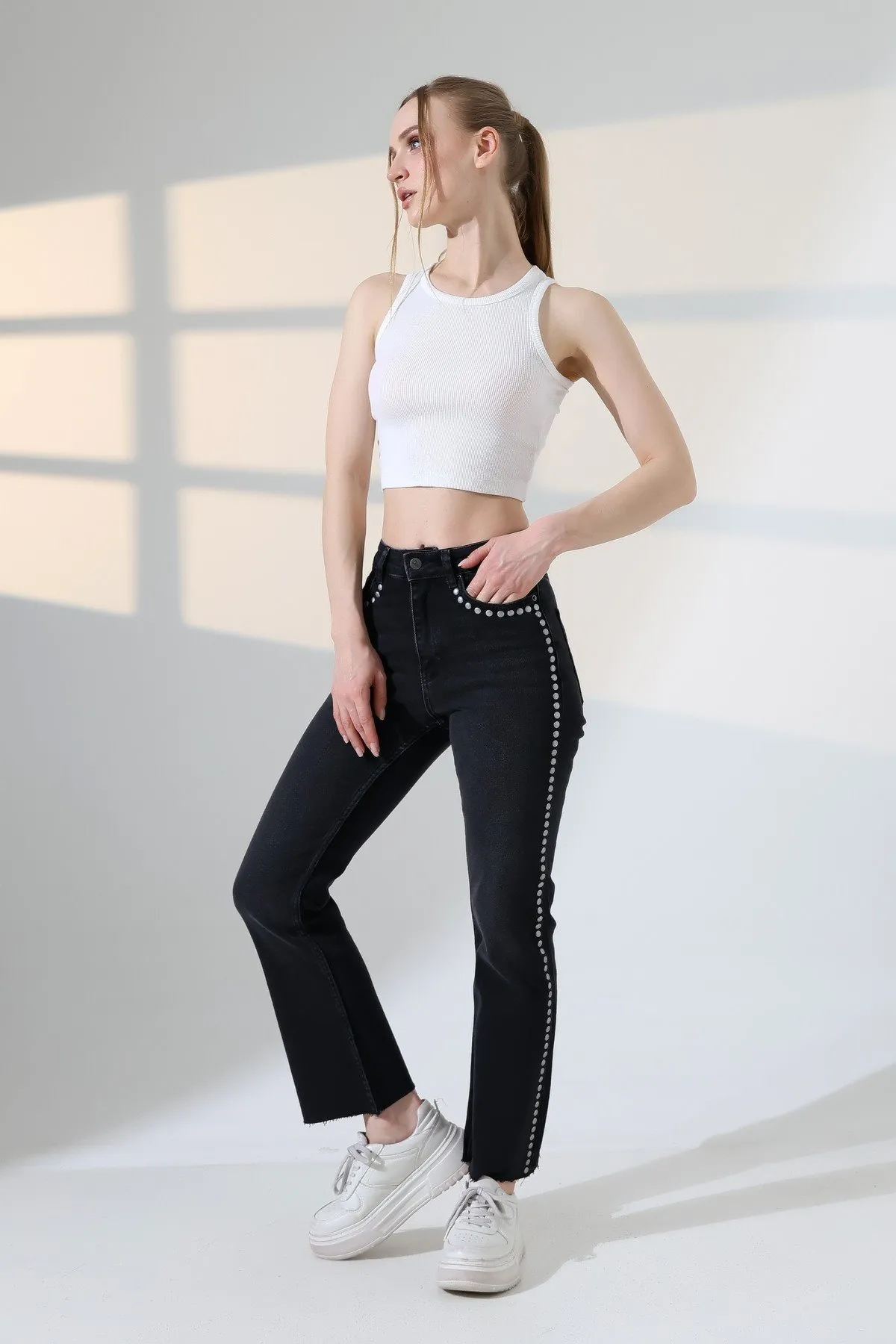 Zımba Taşlı İspanyol Mom Fit Kot Pantolon 7192 Düz Antrasit