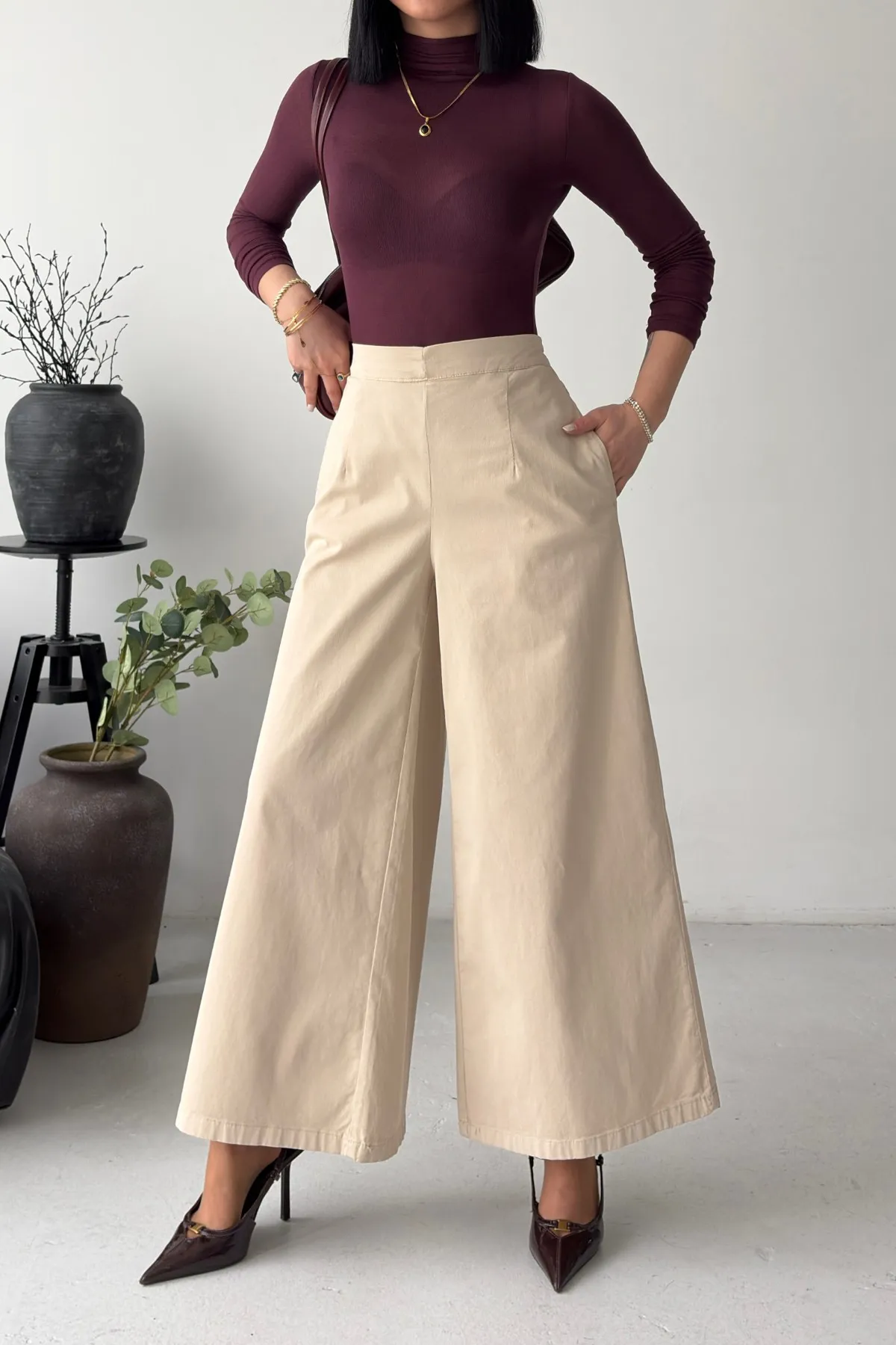 Arkası Lastikli Bol Paça Kot Pantolon 7120 Taş